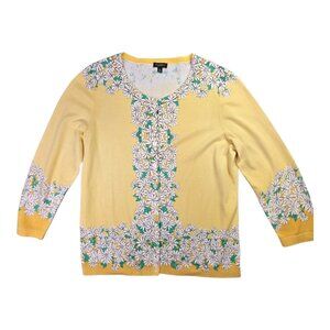 Talbots Cardigan Sweater Womens M Yellow Daisy Floral Button Front 3/4 Sleeve